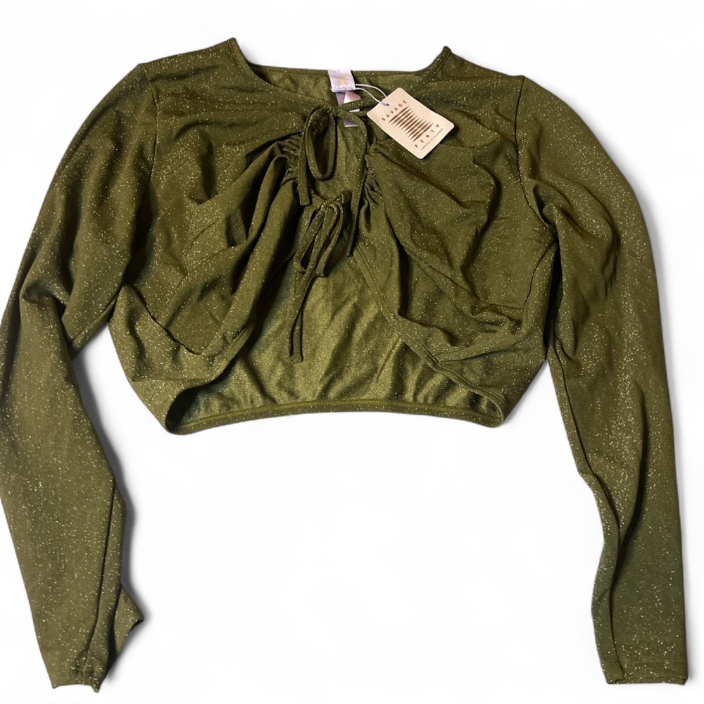 Savage X Fenty Sleep & Shine Long Sleeve Crop Tee in Military Olive Green